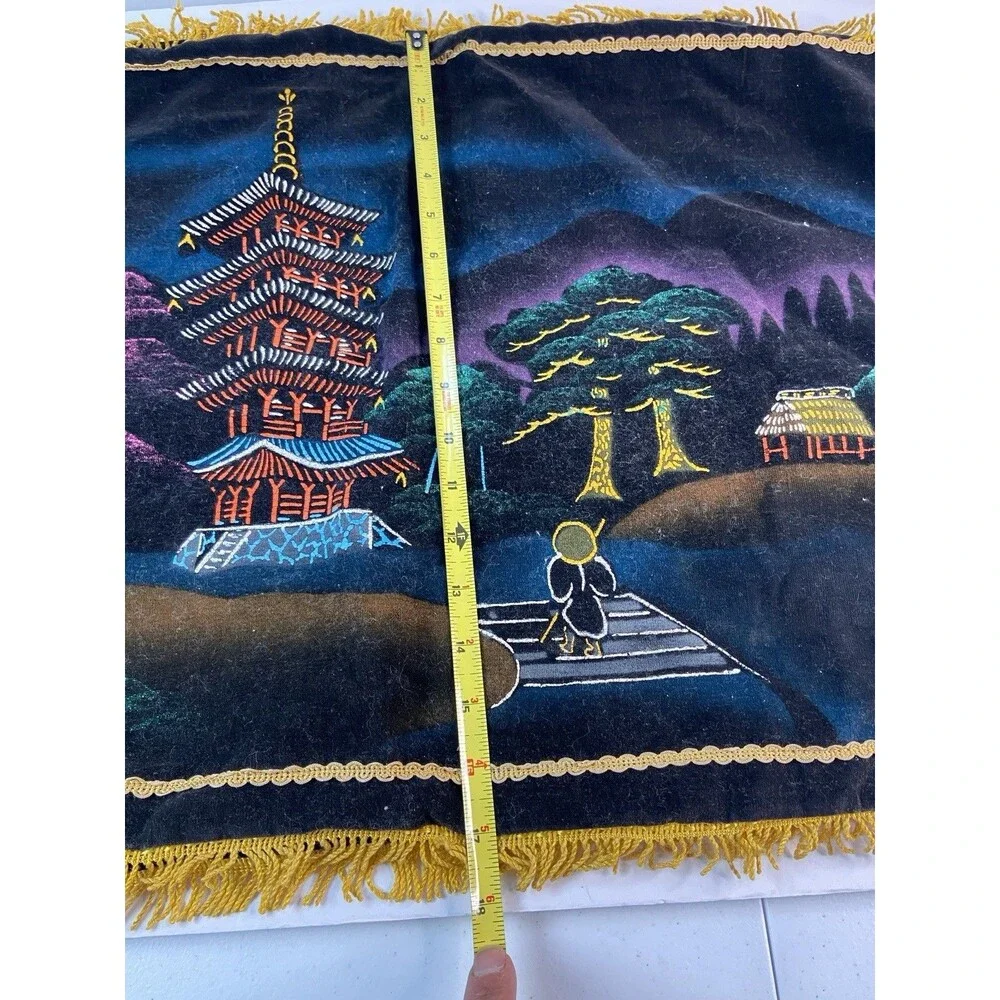 Vintage Asian Pagoda Velvet Silk Pillowcase Set Gold Fringe Oriental Decor -2